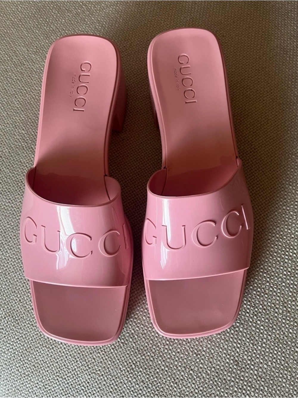 Gucci Pink Embossed Logo Block Heel Mules